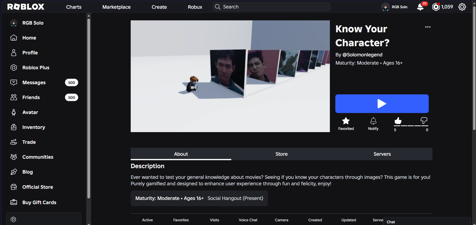 Published Roblox game page